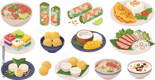 Traditional Vietnamese food set with beef pho noodle soup spring rolls mango sticky rice sesame balls and layered rice cakes