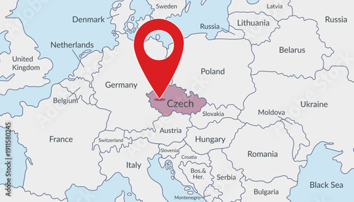 Czech republic on the Europe map with pin location marker3. Vector flat template.