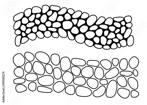 Cobblestone garden roads set, irregular stone outline texture. Vector sidewalk, gravel path isolated on white background