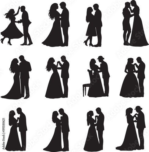 Black silhouettes of romantic couples kissing and dancing together