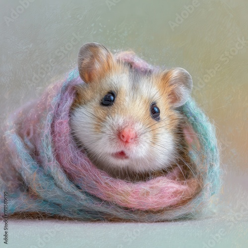 Cute hamster wrapped in colorful blanket resting in a cozy spot at home
