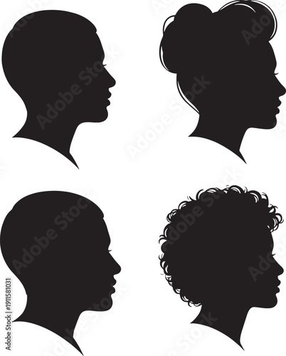 Four black silhouettes of people heads in profile view facing right