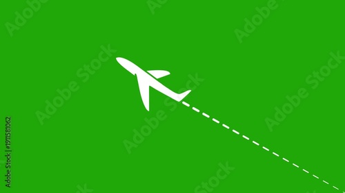 Airplane route dotted line animation on green background. journey or travel destination path motion. Flying plane icon 4k video.