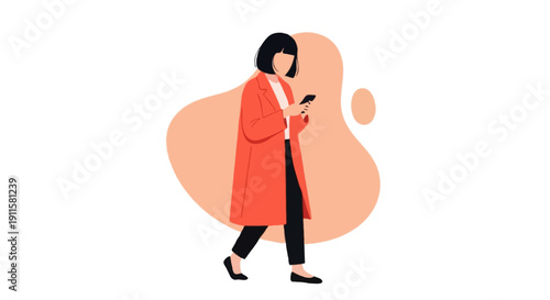 Flat illustration of faceless woman with short black hair wearing coral coat walking while using smartphone, modern digital lifestyle concept