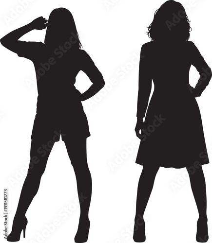 Two women in black silhouette standing in different poses isolated on white background