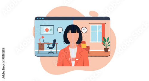 Flat illustration of faceless woman with short black hair wearing coral coat attending hybrid video meeting with split office and home interface screen