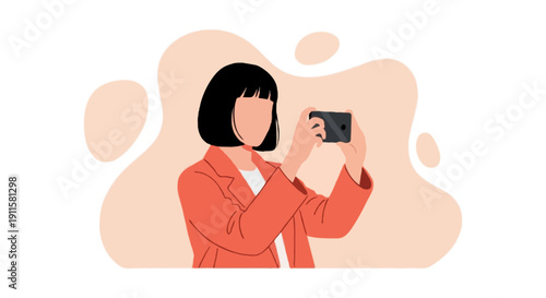 Flat illustration of faceless woman with short black hair wearing coral coat taking photo with smartphone, social media sharing concept