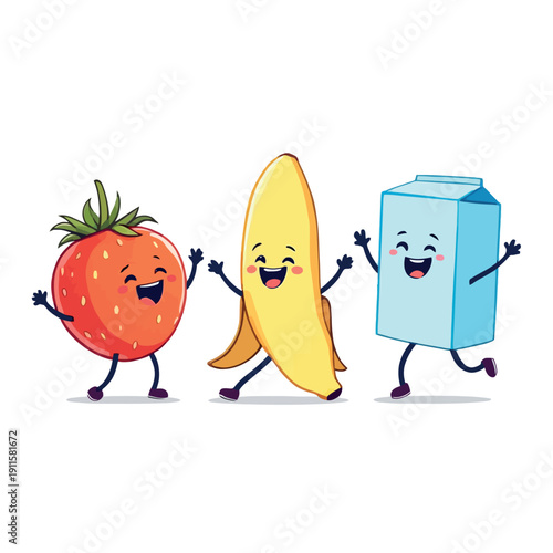 Vsai happy strawberry banana milk carton characters dancing