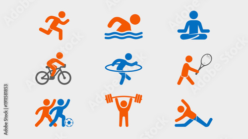Dynamic Icons of Activity: A collection of vibrant icons representing various sports and fitness activities, perfect for illustrating the essence of health and active living.