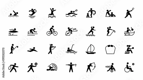 Diverse Sports Icons: An array of stylized icons representing various sports disciplines, offering a visually engaging and versatile resource for design and informational applications.