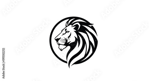 Lion head logo with flowing mane in circular frame, black and white graphic design element featuring symbol, icon, animal with wildlife and majestic elements for powerful, stylized projects, clean