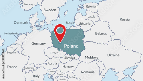 Poland on the Europe map with pin location marker3. Vector flat template.