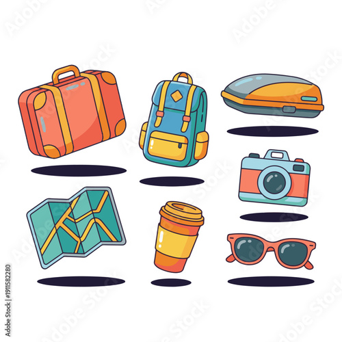 An assortment of travel-related items, including a suitcase, backpack, map, coffee cup, camera, sunglasses, and a car top carrier. Perfect for illustrating a journey, vacation, or travel preparation.