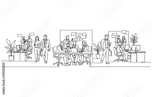 Line art Illustration of business people working together in the office.