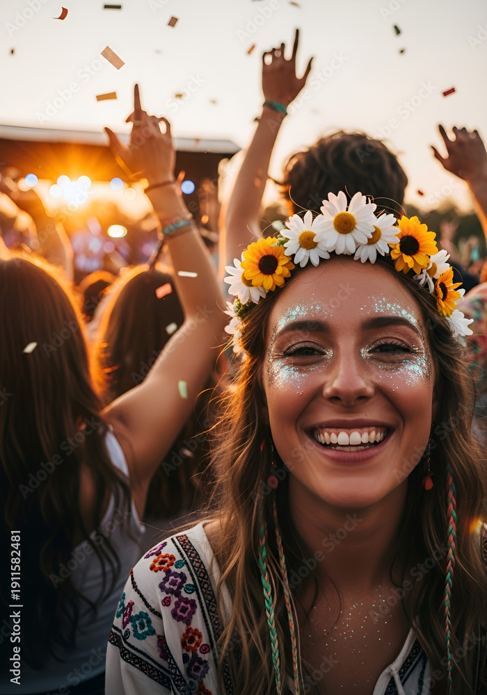 Obraz premium People celebrate at a music festival with smiles and bright decorations under the sunset while enjoying the lively atmosphere and dancing