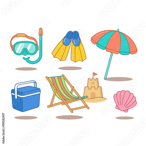 A collection of summer beach items, including a beach umbrella, flippers, a cooler, a chair, and a seashell.