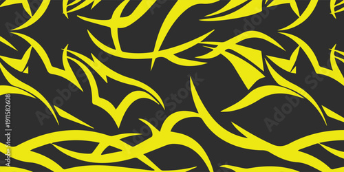 Dynamic Yellow Tribal Pattern on Dark Background.