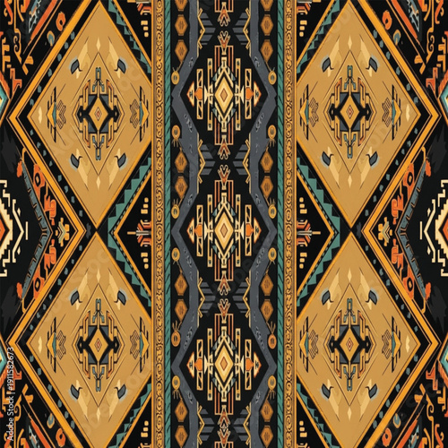 Seamless Ethnic Tribal Pattern with Golden Diamond Motifs and Geometric Teal and Orange Accents