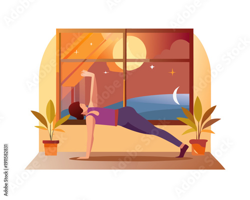 Vector of a person doing light yoga or stretching at home before Iftar, sunset view through window, healthy fasting lifestyle.