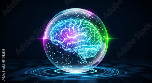 Glowing brain inside a transparent sphere with neon lights and circuits on a dark background with futuristic ambiance