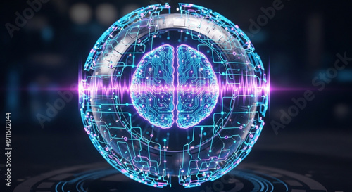 Futuristic brain globe with electric pulse and circuitry patterns in dark background