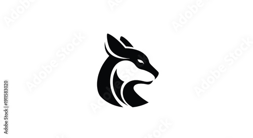 Wolf head silhouette with abstract curved lines and pointed ears, black on white background featuring animal, logo, icon with mascot and wildlife elements for mammal, predator projects, clean