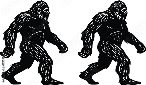 Black and white bigfoot sasquatch silhouettes set, legendary cryptid walking in nature, mythical forest monster flat vector icons for mystery outdoors design