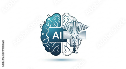 Ai technology and medicine concept with brain and caduceus symbol in blue and white