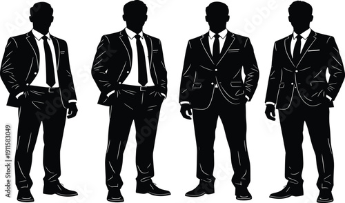 Black and white business professional silhouettes set, corporate men in formal suits standing poses, executive leadership flat vector icons for design, cad drawing flat vector illustration