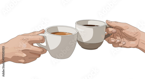 Hands holding coffee cups together.