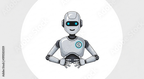 Friendly robot character with glowing blue eyes and a logo on its chest in a meditative pose on a white background