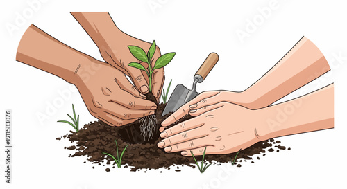 Hands Planting Small Green Seedling.
