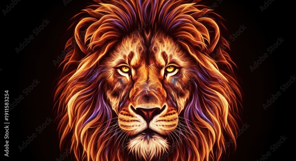 Obraz premium Fierce lion, fiery mane, golden eyes, against a dark backdrop