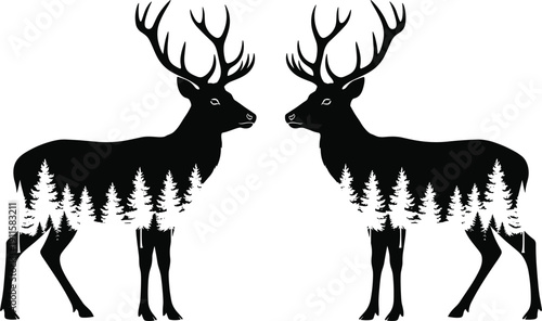 Black and white deer silhouette double exposure with pine forest trees, majestic stag buck wildlife nature art, flat vector for rustic lodge decor