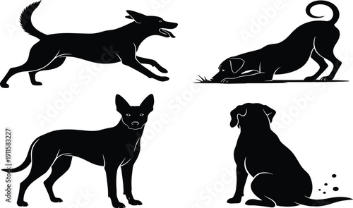 Black and white dog silhouettes set, domestic pets playing running and sitting poses, canine animal behavior flat vector icons for pet design