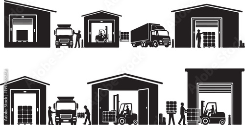 Warehouse Workers Loading Unloading Cargo Trucks and Forklifts Silhouette