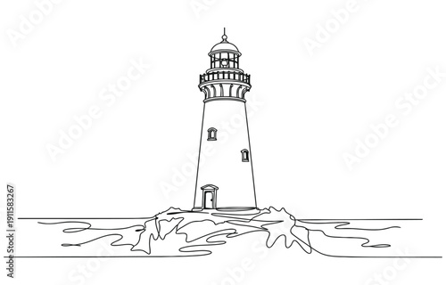 Continuous one line drawing of lighthouse tower on the ocean.
