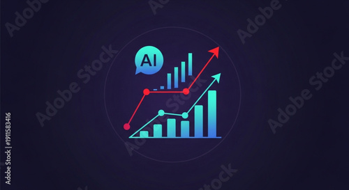 Ai technology graph chart with increasing trend lines and bars on dark background