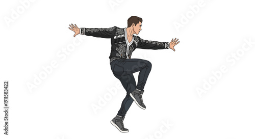 Man in black suit dancing alone.