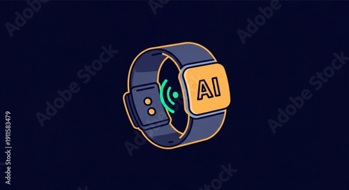 Smartwatch with ai technology on dark blue background modern wearable device with yellow accents and green signal icon