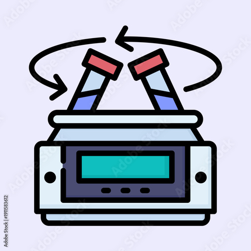 A laboratory device with two test tubes containing blue liquid, rotating for mixing samples, depicted with arrows indicating motion.