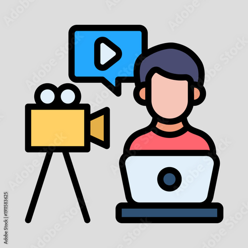 A person creating video content on a laptop with a camera on a tripod, symbolizing online media production and digital creativity.