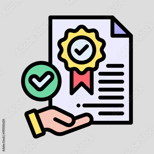 A hand presenting an official document with a golden seal of approval and a green checkmark, symbolizing quality, certification, and success.