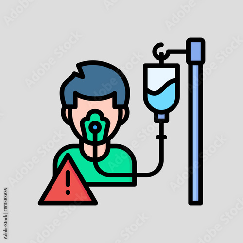 A cartoon illustration of a patient with an oxygen mask and an IV drip, accompanied by a warning sign.