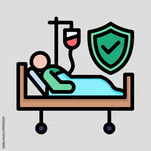 An illustration of a patient in a hospital bed with an IV drip and a protective shield icon.