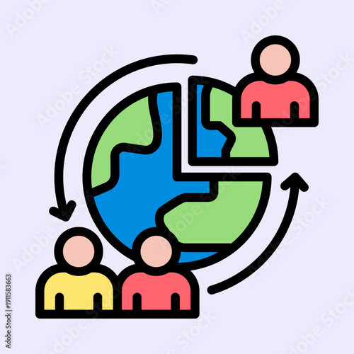 Stylized illustration depicting global population distribution, demographic trends, and human interaction with world resources.