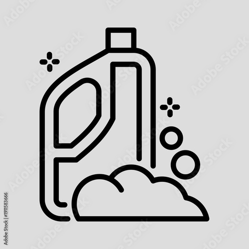 A simple line art icon of a detergent bottle with suds and sparkles, symbolizing cleanliness and washing.