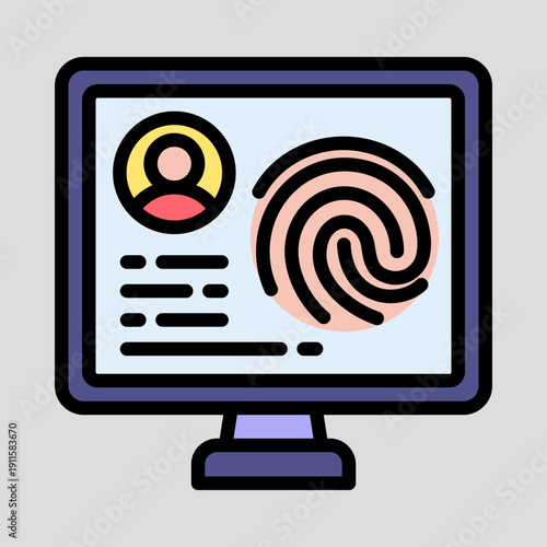 Computer monitor displaying user profile and fingerprint for biometric identification and digital security.