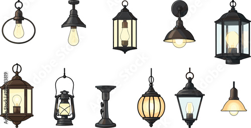Twelve outdoor lantern illustrations with vintage, rustic, modern, and industrial designs