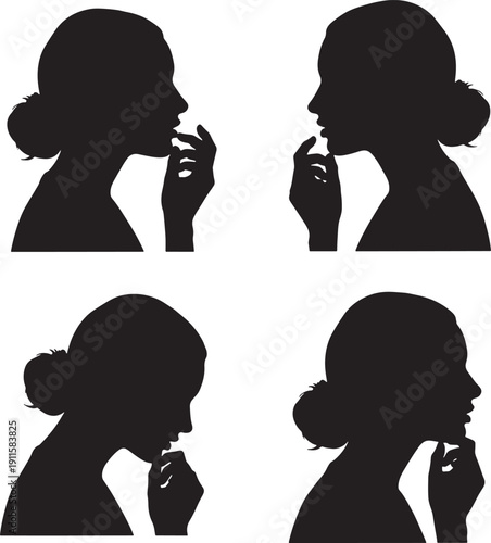 Silhouette of woman in various poses with hand on chin looking thinking  isolated on white background
